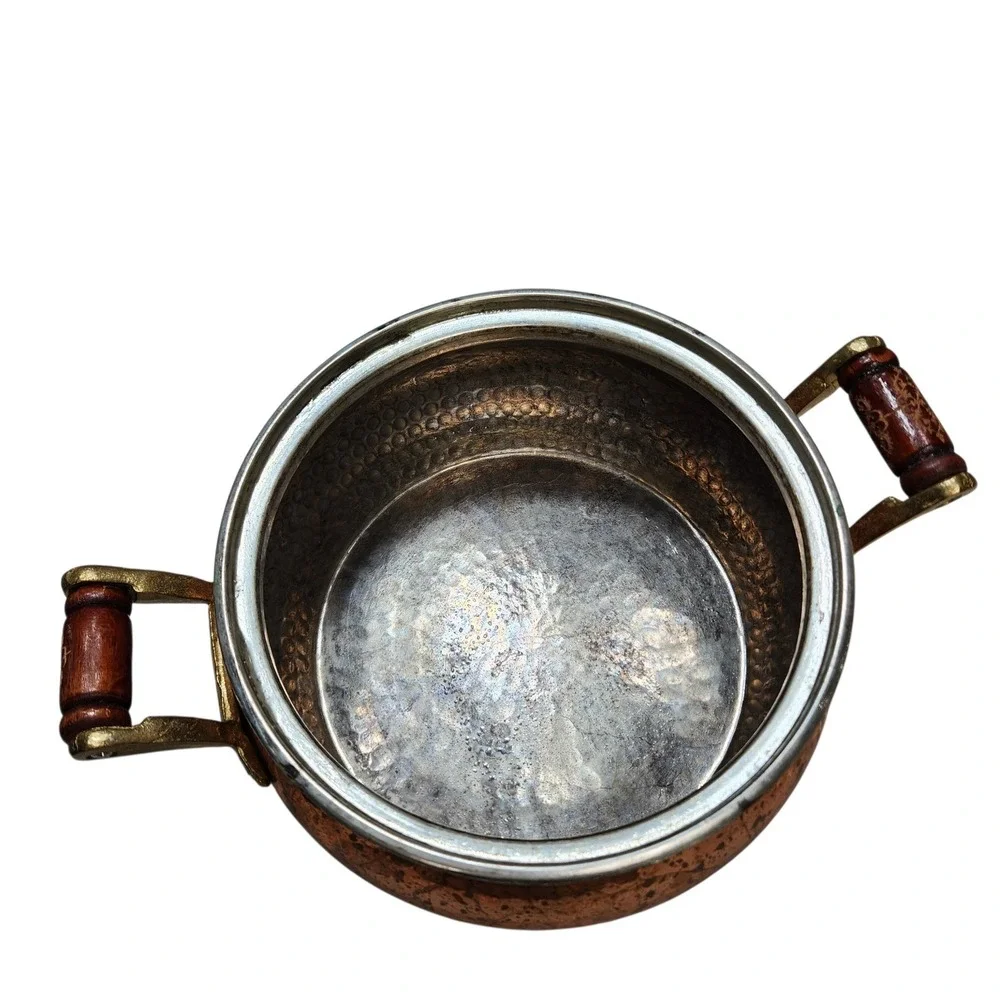 Vintage French Hammered Copper Stock Pot Tin Brass Handles Decorative **NO Lid**